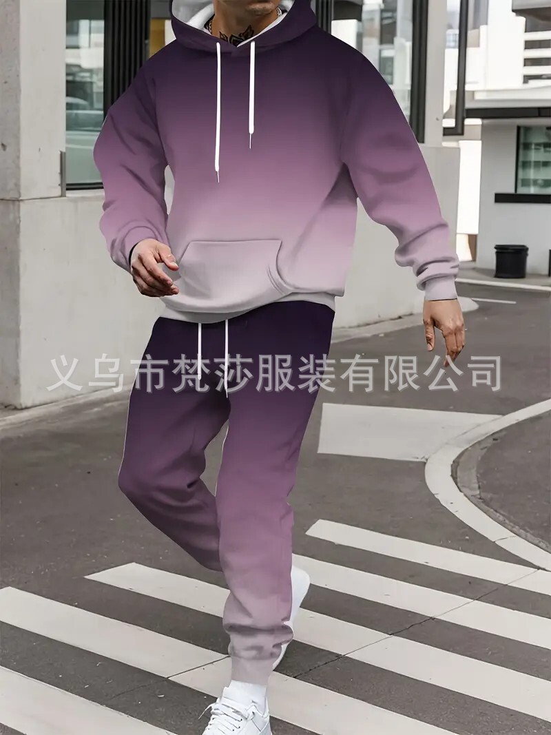 Hot-selling Men's Versatile Gradient Color 3D Digital Print Hoodie Set Breathable and Comfortable