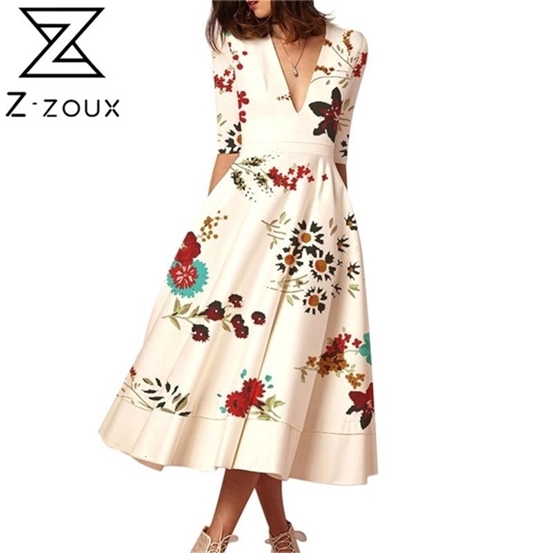 Women Dress V Neck Half Sleeve Printed Bohemian High Waisted Large Hem Long es Plus Size Vintage es 210513