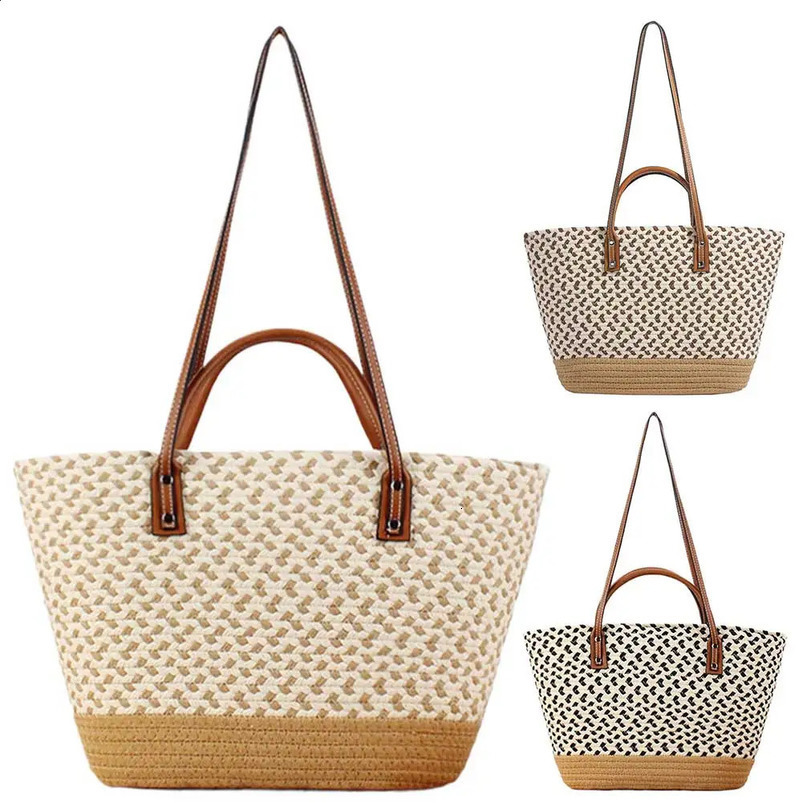 Women Woven Tote Bag Summer Beach Large Capacity Handmade Bohemian Patchwork for Shopping Commuting 240723