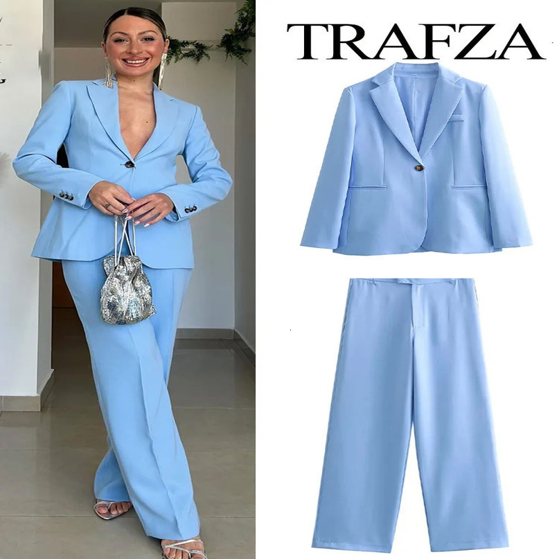 TRAFZA Female Sets Blue TurnDown Collar Long Sleeves Pockets Single ButtonMid Waist Zipper Wide Leg Pants Woman Suit 240423