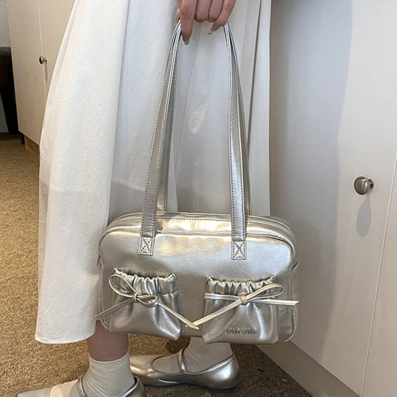HAEX Y2K Womens Shoulder Bag Fashion ner Silver Bow Boston Handbag y Full Set Competition Day Bolso Mujer 240817