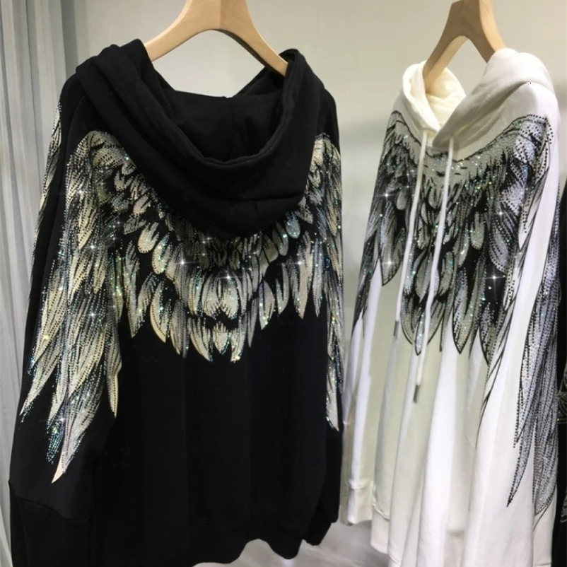150KG plus size womens clothing rhinestone wing hoodie Y2K womens couple long sleeved oversized autumn hoodie 250117