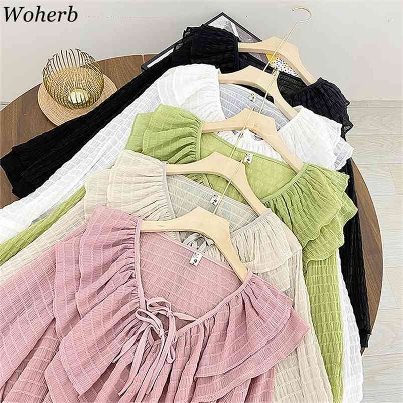 Ruffles Women Blouse Peter Pan Collar Vintage Long Sleeve Solid Korean Blusas Mujer Summer Loose Shirts Elegant Tops 210519