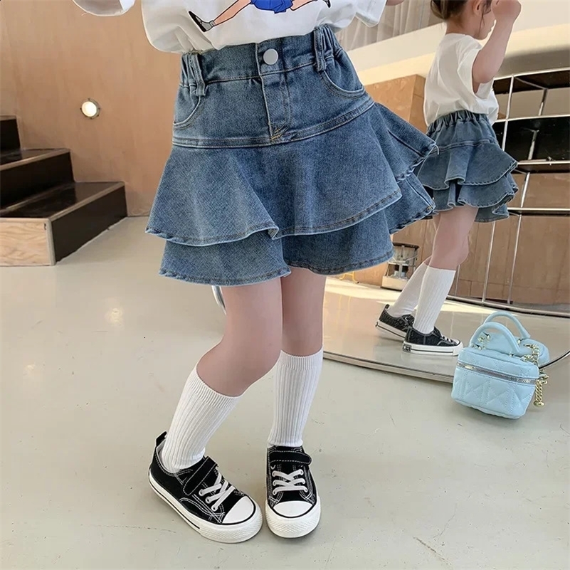 Stylish Denim Mini Skirt For Girls Summer Cake Skirt Anti-exposure Childrens T-shirt Dress 250427