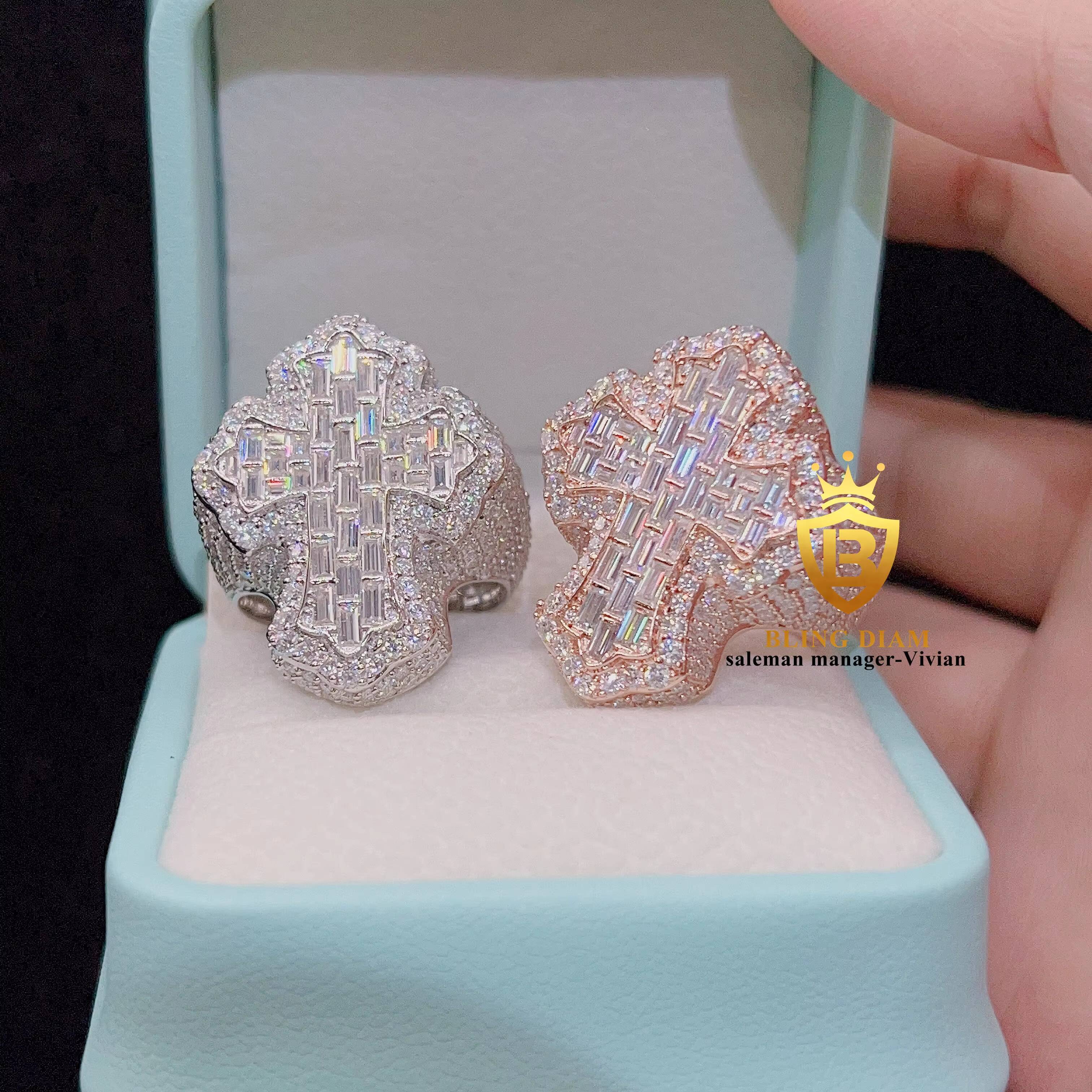 Wholesale Price Factory Direct Sale Fine Hip Hop Jewelry 18K Gold Plated Silver Moissanite Cross Ring