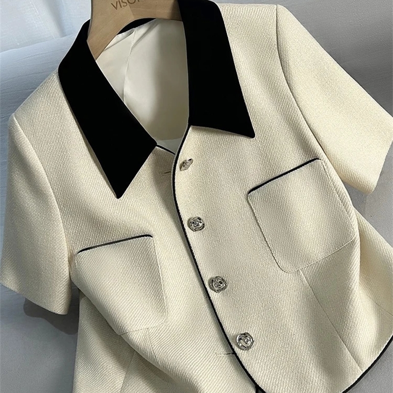 Temperament French Style Short Sleeve Summer Tweed Wool Jacket Women Turn-down Collar Retro Small Fragrance Coat Short Outwear 240704