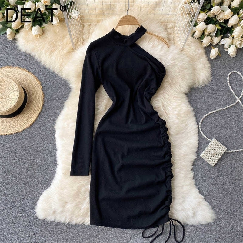 DEAT Women Single Side Long Sleeve Drawstring Dress Round Neck Short Sleeve Arrivals Lady Fashion Spring Summer 11D 210709