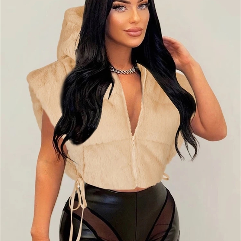 Fashionable winter warm plush hooded cotton vest womens sleeveless bandage side split crop jacket fluffy park coat Coats streetwear 241111