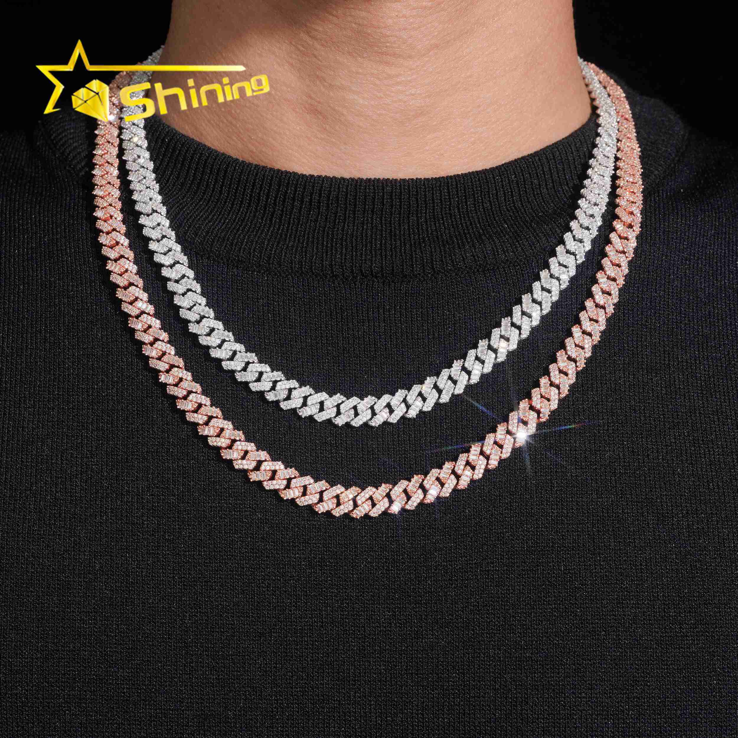 Baguette Mixed Round 8mm Iced Out VVS Moissanite Pass Diamond Test Cuban Link Chain Hip Hop Mens 925 Sterling Silver Necklace