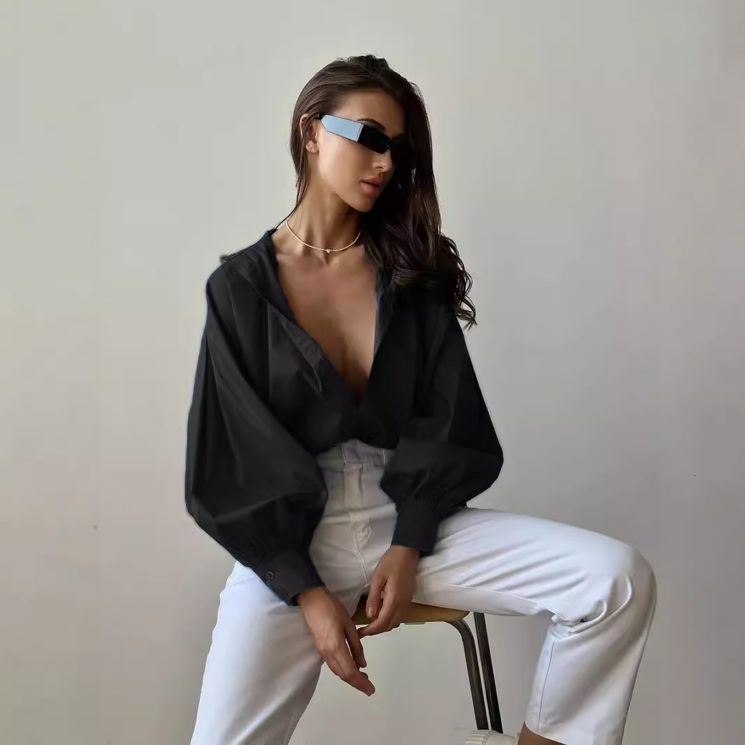 2024 Lantern Sleeve Womens Shirt Lazy Style Elegant Commuting Versatile Round Neck Lantern Sleeve Shirt Women 210524