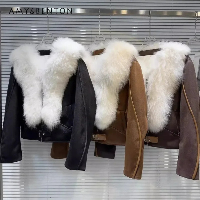 Winter Big Fox Fur Collar Suede Lining Leather Jacket Womens Clothing Long Sleeve Park Cotton Lining 241108