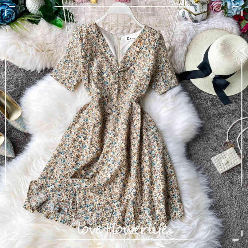 Women Summer Vintage V Neck Short Sleeve Floral Dress Slim High Waist Floral Print Chiffon Short Dress Vestidos 210521