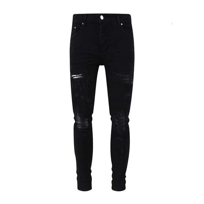 Fashion Designer Men Jeans High Quty Black Stretch Skinny Fit Leather Patched Ripped Jeans Men Y2K Brand Hip Hop Denim Pants X250924