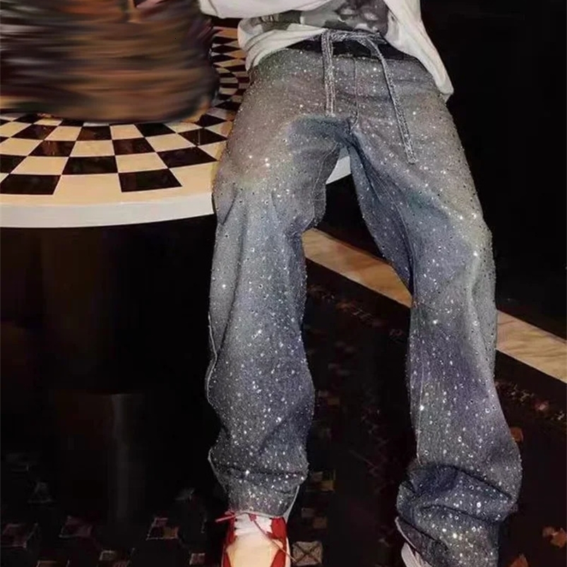 mens womens high waisted shiny rhinestone denim jeans fashionable wide legs pocket pants unisex 250423