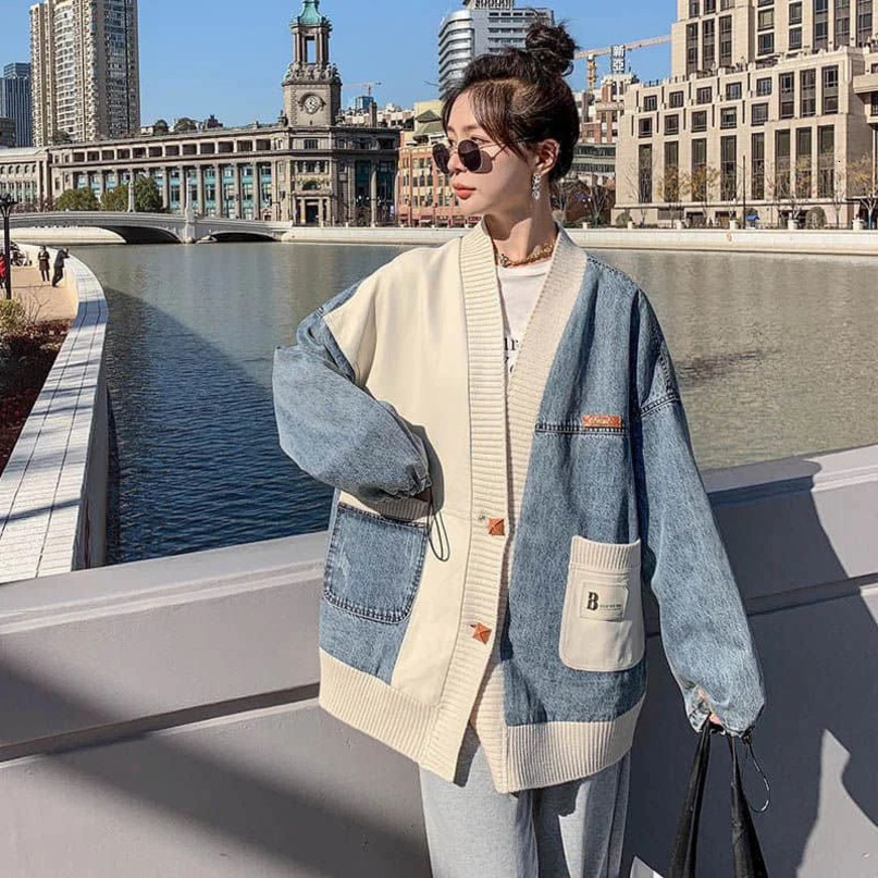 Womens loose denim knitted patch work V-neck oversized baseball cardigan long sleeved jacket womens top 240930