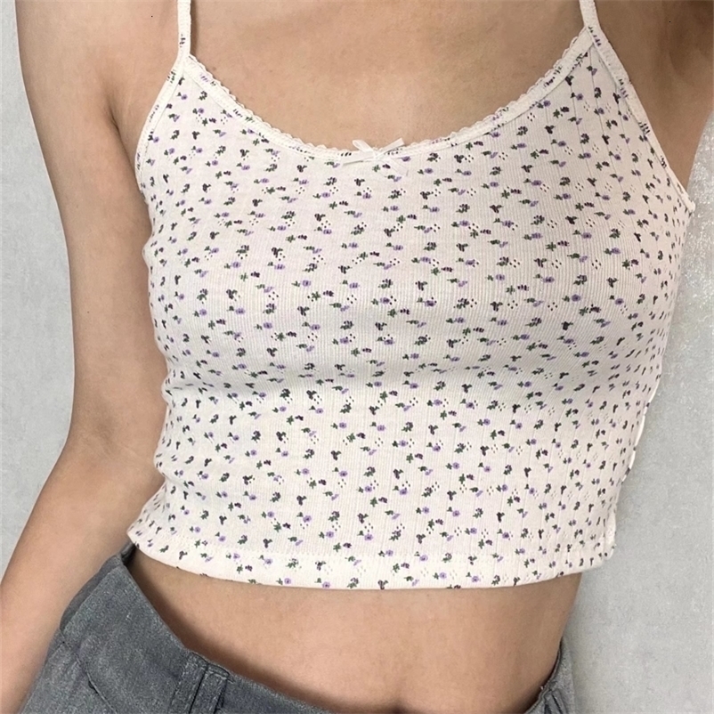 Camisoles Tanks Women Pink Floral Print Tank Tops Spring Fashion Ladies Cropped Sling Tops Girls Sweet Camis Short Cute Tank 230420