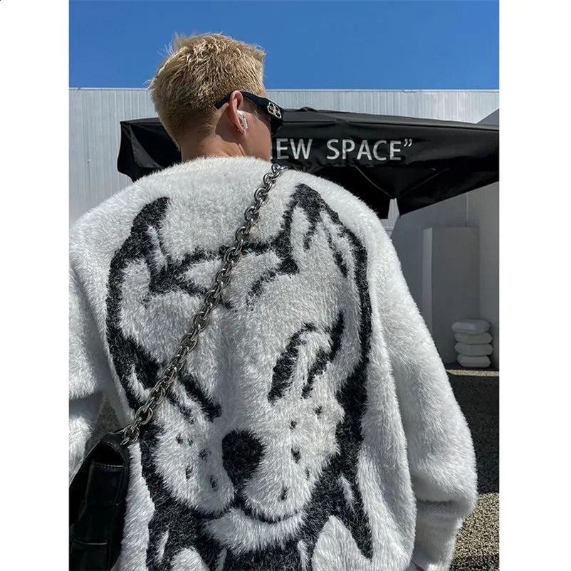 High street fashion mink velvet jacquard sweater for men and women autumn and winter loose and versatile y2k couple sweater 240912