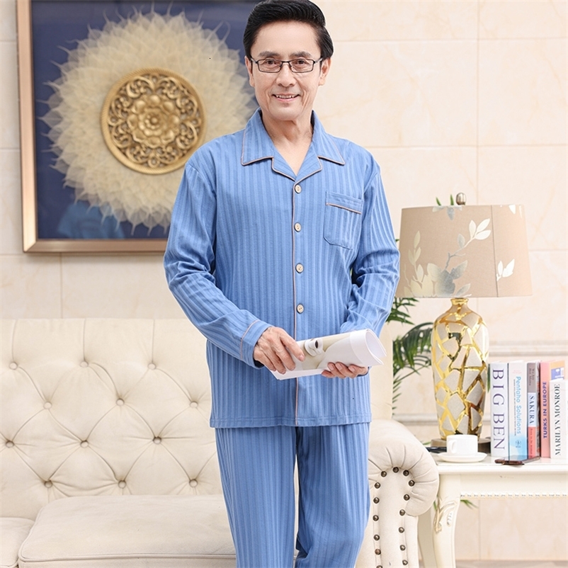 Men's Sleepwear Spring Autumn 100% Cotton Pajamas for Men Long Sleeve Sleepwear Stripe Turn-down Collar Nightgown Suit Large Size M - 4XL 230320