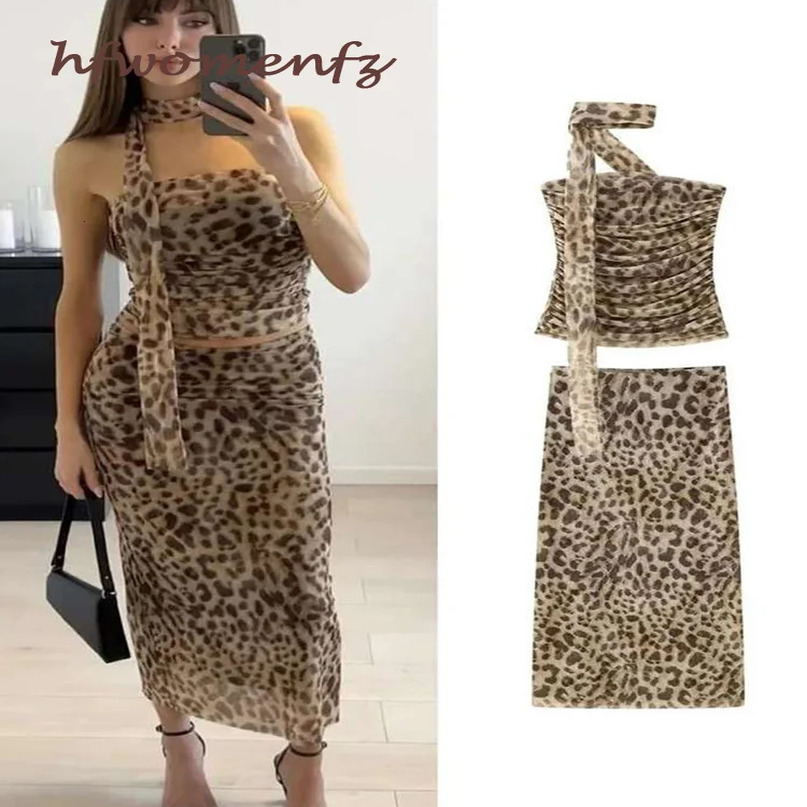 Sexy Leopard Printed Midi Skirt Sets Women 2 Pieces Summer Tube Top Womens Suit Two Piece Set Female Outfit Y2k Streetwear 240423