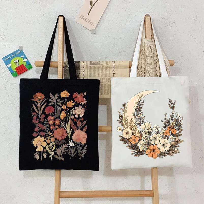 Flower Moon Womens Shopping Handbag Canvas Large Capacity Student Leisure Plant Style Shoulder Bag Wildflower 240820