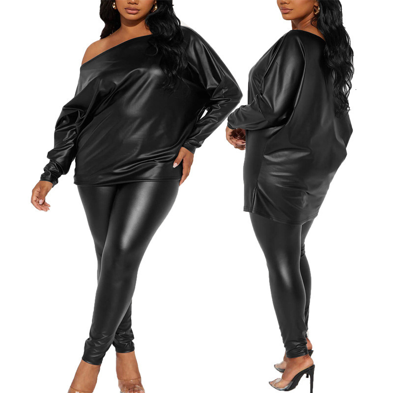 Plus Size Semi Formal Tops Casual Black Fall Winter Off The Shoulder Long Sleeve PU Leather Fashion Tops 240810