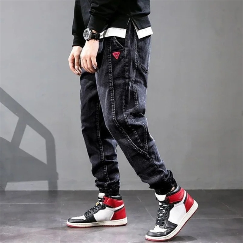 Elastic Cropped Mens Jeans Stretch Man Cowboy Pants Trousers Black Oversize Korean Style Regular Fit est Casual Long 240912
