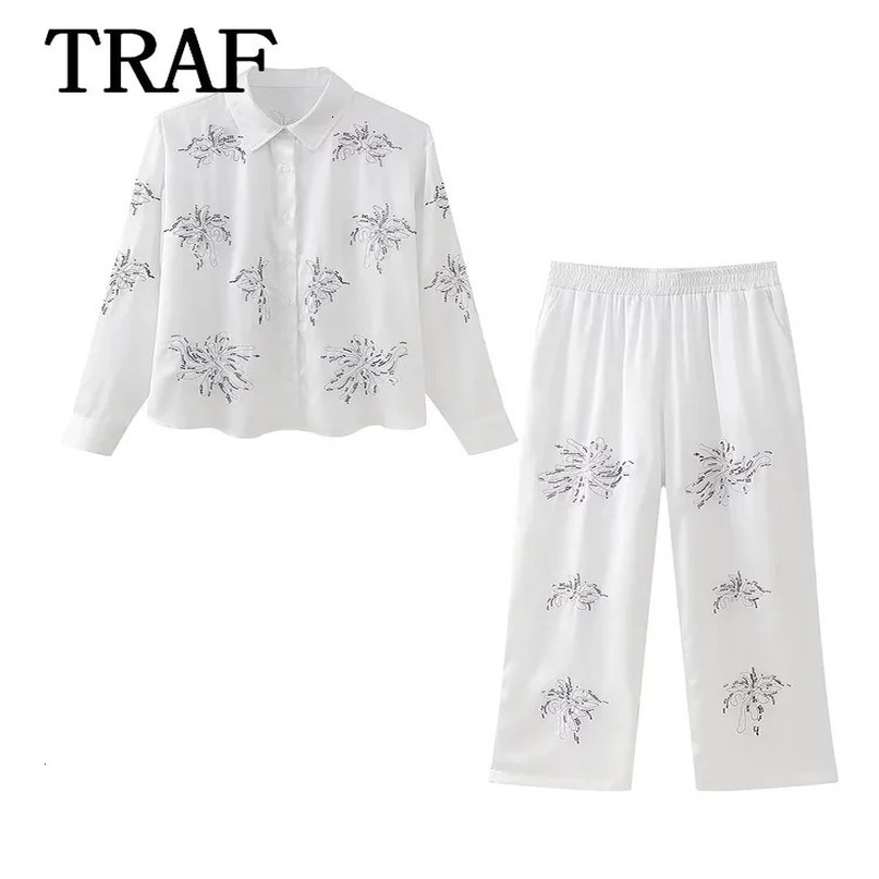 TRAF Women Suit Vintage Embroidery Single Breasted Long Sleeve Shirt Sets Loose Pants Chic Fashion Outfit 240423