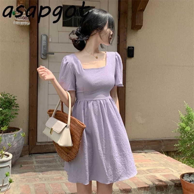 Vintage Short Sleeve Square Neck Purple Dress Women Mini Girls Gentle Slim Waist Summer Temperament Vestido Mujer Clothes 210429