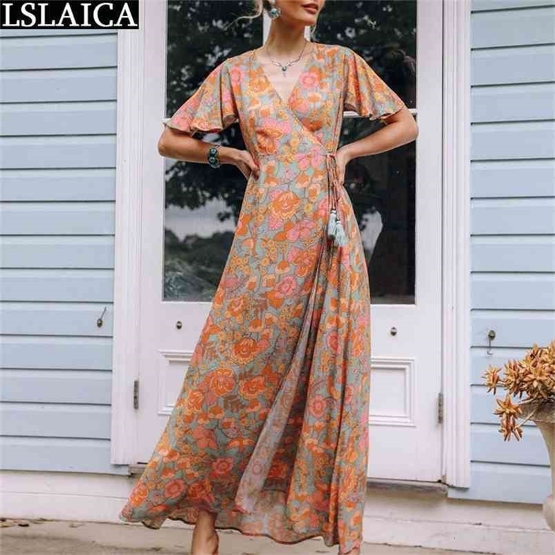 Party Dress Short Sleeve Floral Print Fashion Casual Lacing Up Ladies High Waist Beach Style Holiday Elegant Femme 210515