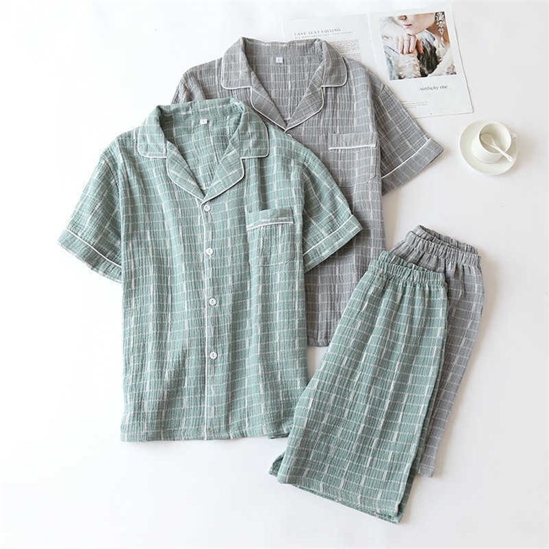 Japanese style summer men's cotton crepe short sleeve shorts pajamas suit comfortable cotton casual home wear pajamas 211019