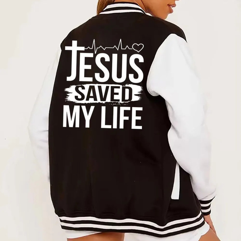 Jesus Save My Life Print Women Jacket Harajuku Streetwear Baseball Uniform Fashion Casual Clothes Autumn Loose Jackets Overcoat 250116
