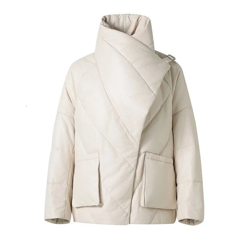 Womens leather down jacket winter leather down jacket outdoor thick warm short sleeved inflatable jacket streetwear 241108