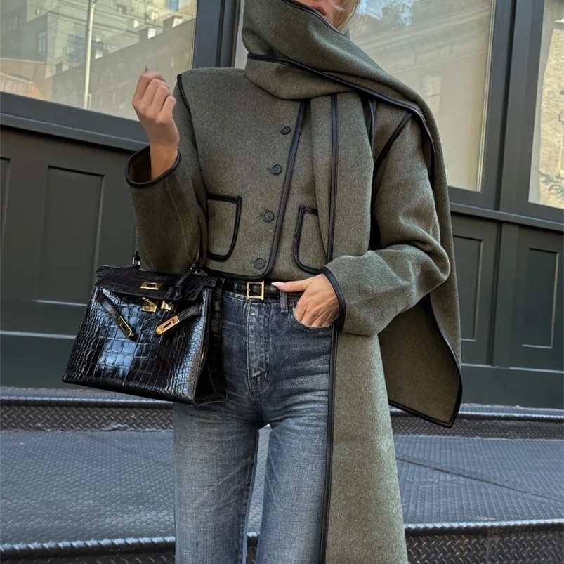 Fashion gray green scarf collar single chest short sleeved jacket for women matching edge pocket jacket autumn and winter street jacket 241214