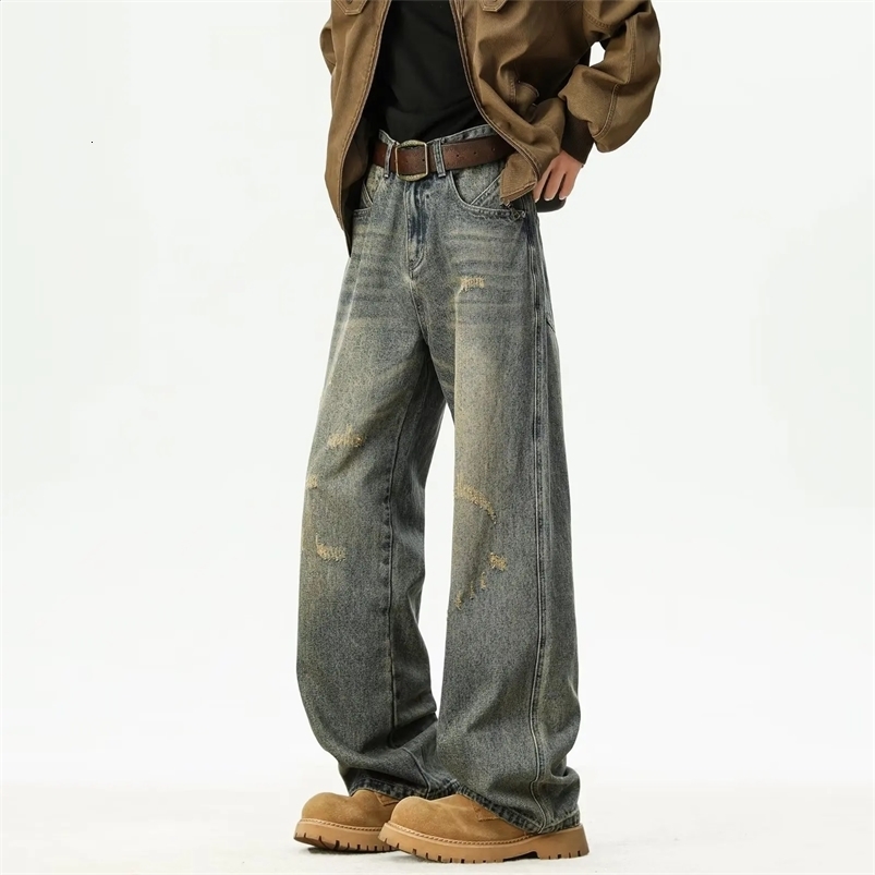 ly Washed Distressed Ripped Mens Pocket Jeans Retro Straight Wide Leg Denim Pants Street Clothing Fashion Blue Jeans 250423
