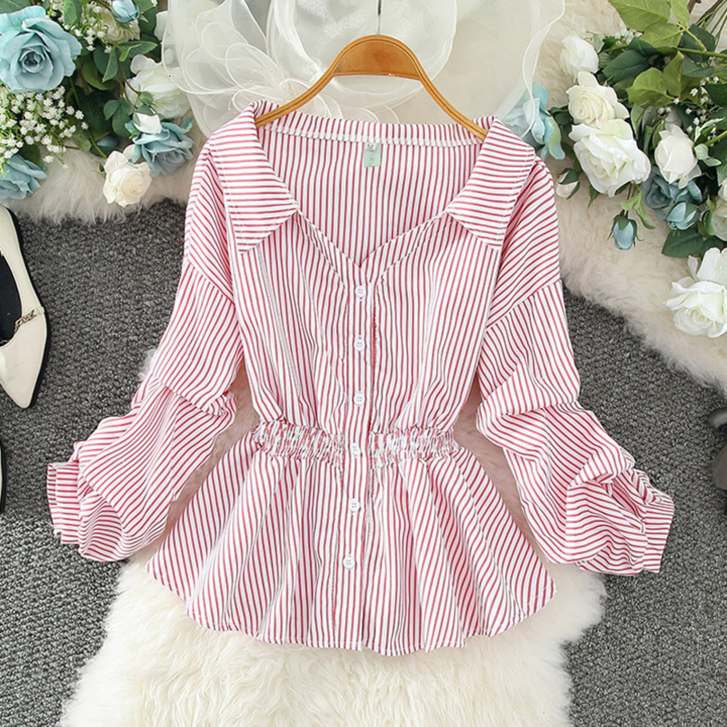 Women's Blouses Shirts stripe blouses Women chiffon longsleeve Tops Fashion Korean shirts Female blouse Spring Autumn princess clothes Vneck 2208