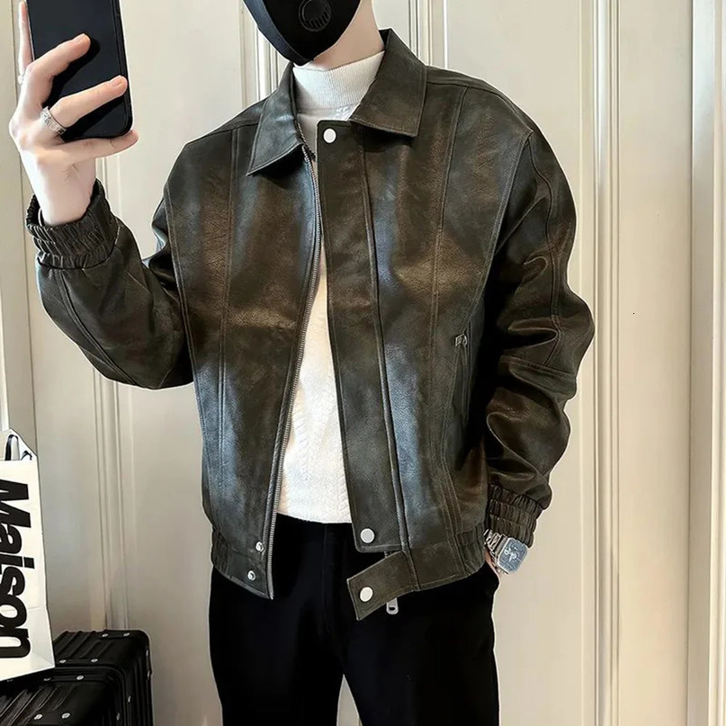 Mens leather jacket pocket zipper leather jacket autumn casual streetwear trend daily top mens unisex 241031