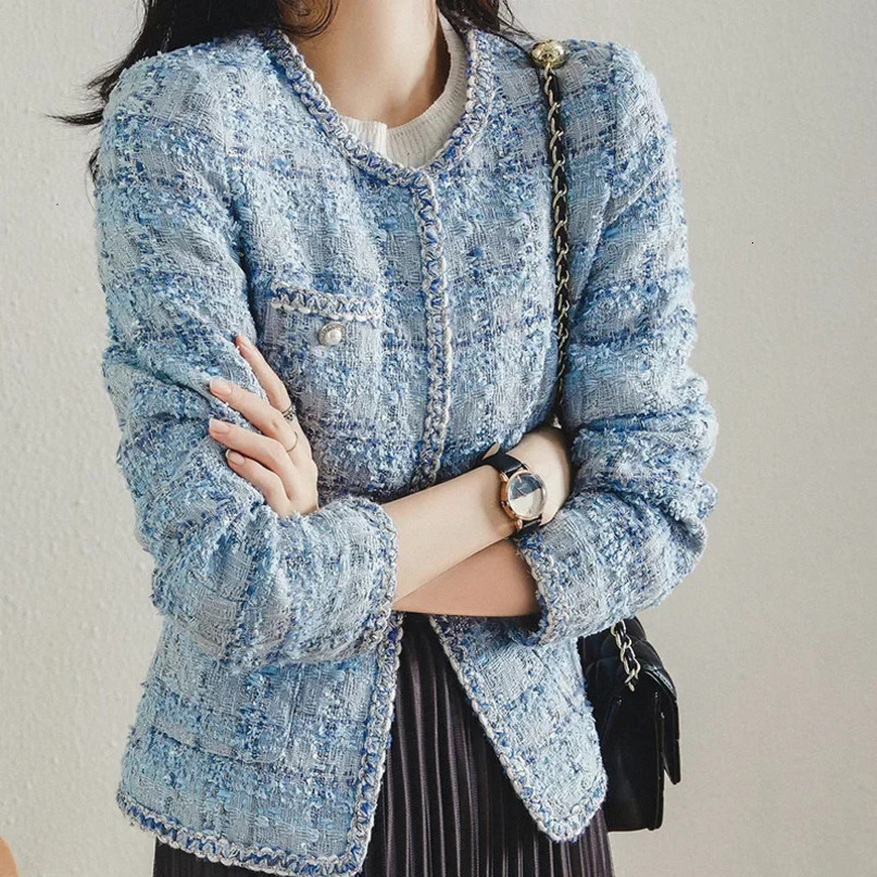 Tweed Jacket Spring Autumn Womens Classic Ladies Runway Plaid Blue Loose Coat ONeck 240307