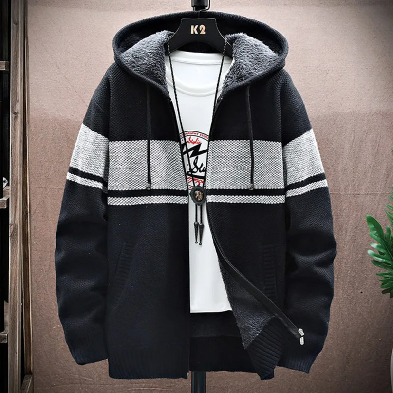 Autumn Korean Hooded Mens Sweater with Thick and Velvet Men Cardigan Knitted Coat Stripe Jacket Male M4XL MY03 241217