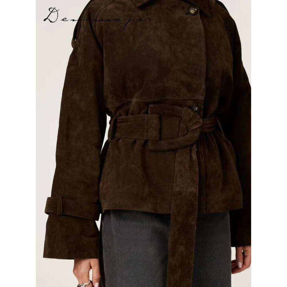 Vintage Lace Up Brown Suede Women Belt Loose Lapel Single Breasted Full Sleeve Jacket 2025 Autumn Lady Street New Outwear