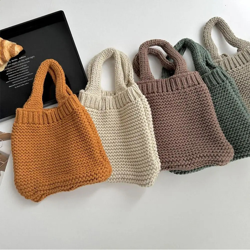 Pure color hand woven bag knitting high capacity wool shoulder handbag MidAutumn Festival 241014