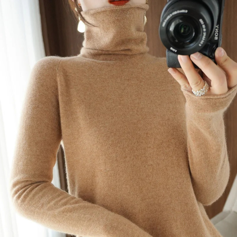Women Sweater Winter Cashmere Turtleneck Warm Knitwear Korean Casual Solid Bottoming Shirt Fashion Knit Pullovers Brown Sweater 241217