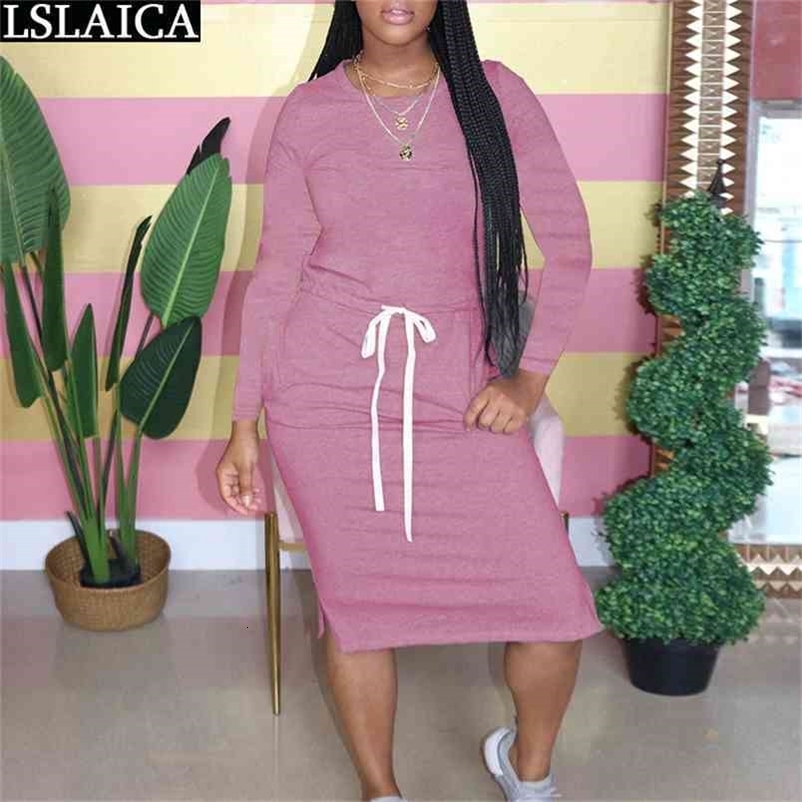 Solid Color Long Sleeve Dress Round Neck Elastic Waist Lace Up Slim Woman Simple Vintage Fashion Elegant es Autumn 210515