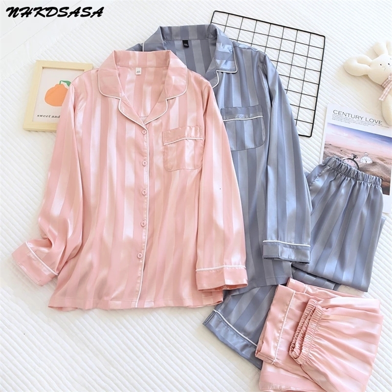 Women's Sleepwear NHKDSASA Womens Silk Satin Pajamas Pyjamas Set Sleepwear Pijama Pajamas Suit Female Sleep Two Piece Set Loungewear Nightwear 23
