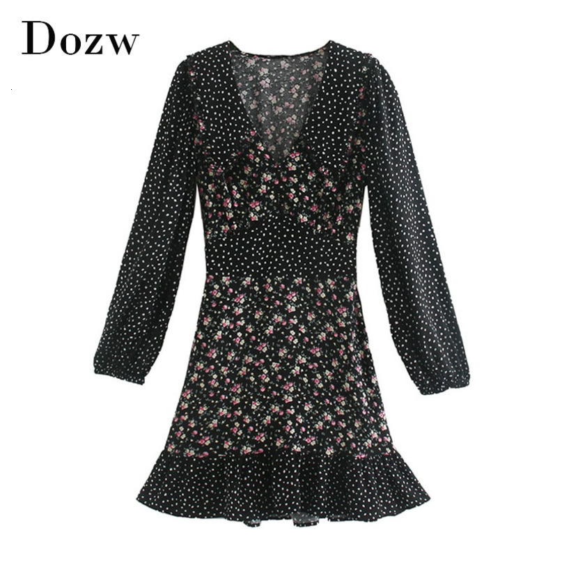 Chic Floral And Dot Print Patchwork Mini Dress Women Vintage Long Sleeve Ruffles Dress Ladies A Line Party Dresses 210414