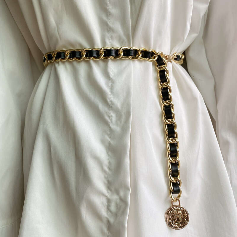 French Style Chain Women, Fashionable Leather Patchwork Metal Belt Accessory Dresses, Waist Cincher for Women