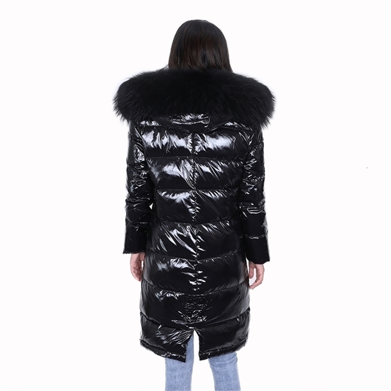 MAOMAOKONG winter long white duck down lining real raccoon fur collar warm black shiny streetwear jacket ladies 201019