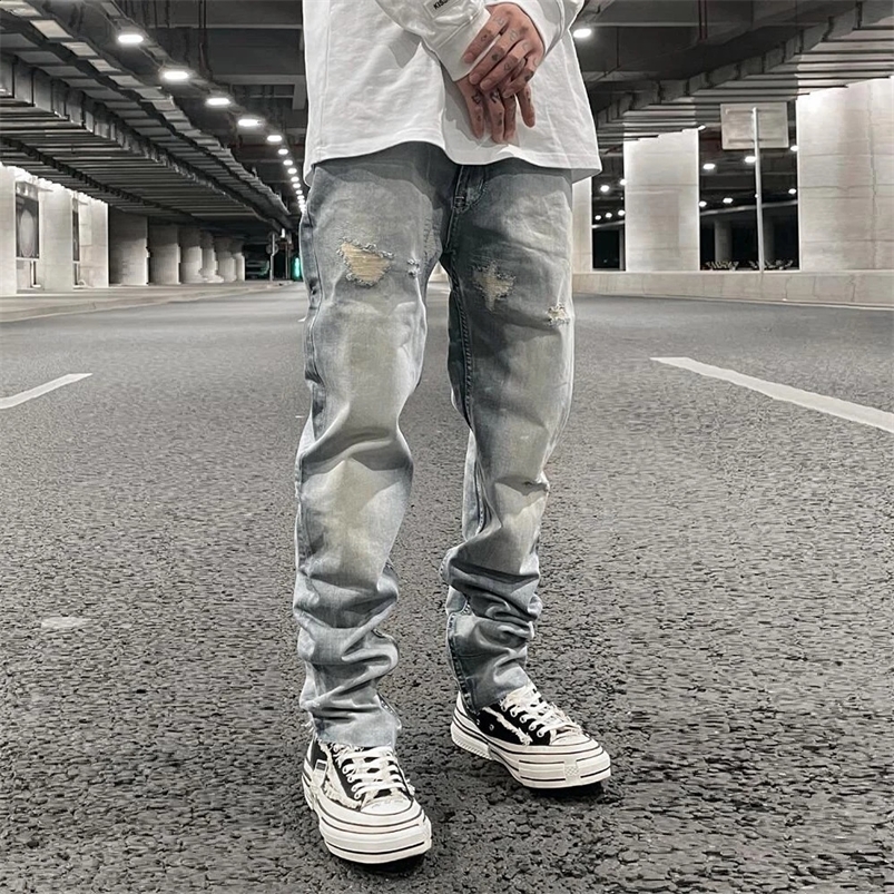 Original Tie-dyed Ripped Flared Denim Jean for Men Streetwear Washed Hole Casual Stacked Jeans Pants Mens Slim Fit Jeans 240830