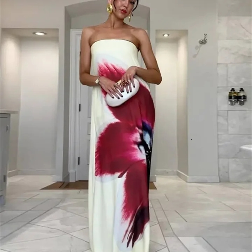 2025 Floral Printed Strapless Loose Robes Women Sexy Off Shoulder Sleeveless Backless Maxi Dress Fashion Lady Party Dresses 250117