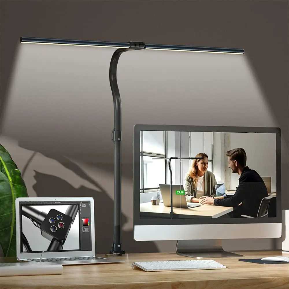24W Desk Reading Light with Clamp Remote Control Double Head Gooseneck Lamp with 5 Dimmable and 5 Color Modes for Office Work C251115