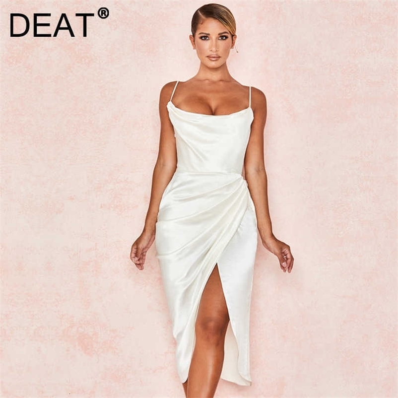 DEAT Women Sling Slim Split Dress Slash Neck Sleeveless Arrivals Lady Sexy Temperamnet Fashion Spring Summer 11D1112 210709